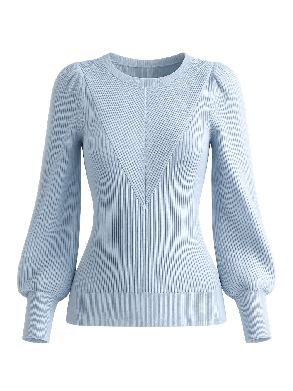 TecCrew Women’s Medium Blue Rib Knit Sweater Puff Sleeve Crew Neck Soft Stretch